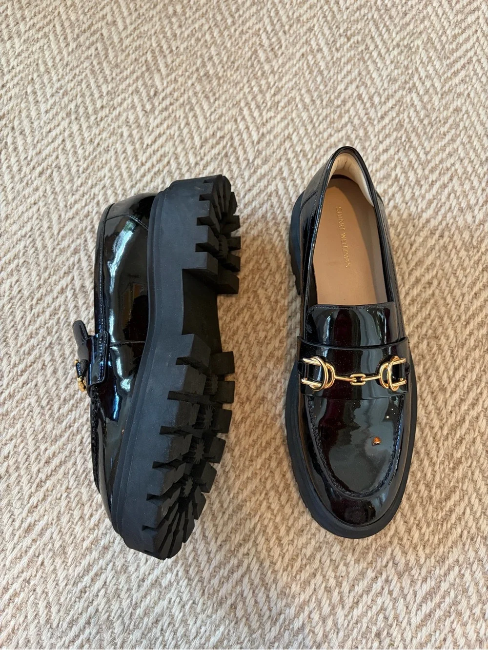 Stuart Weitzman Black Patent Loafer with Gold Chain | Size 39.5